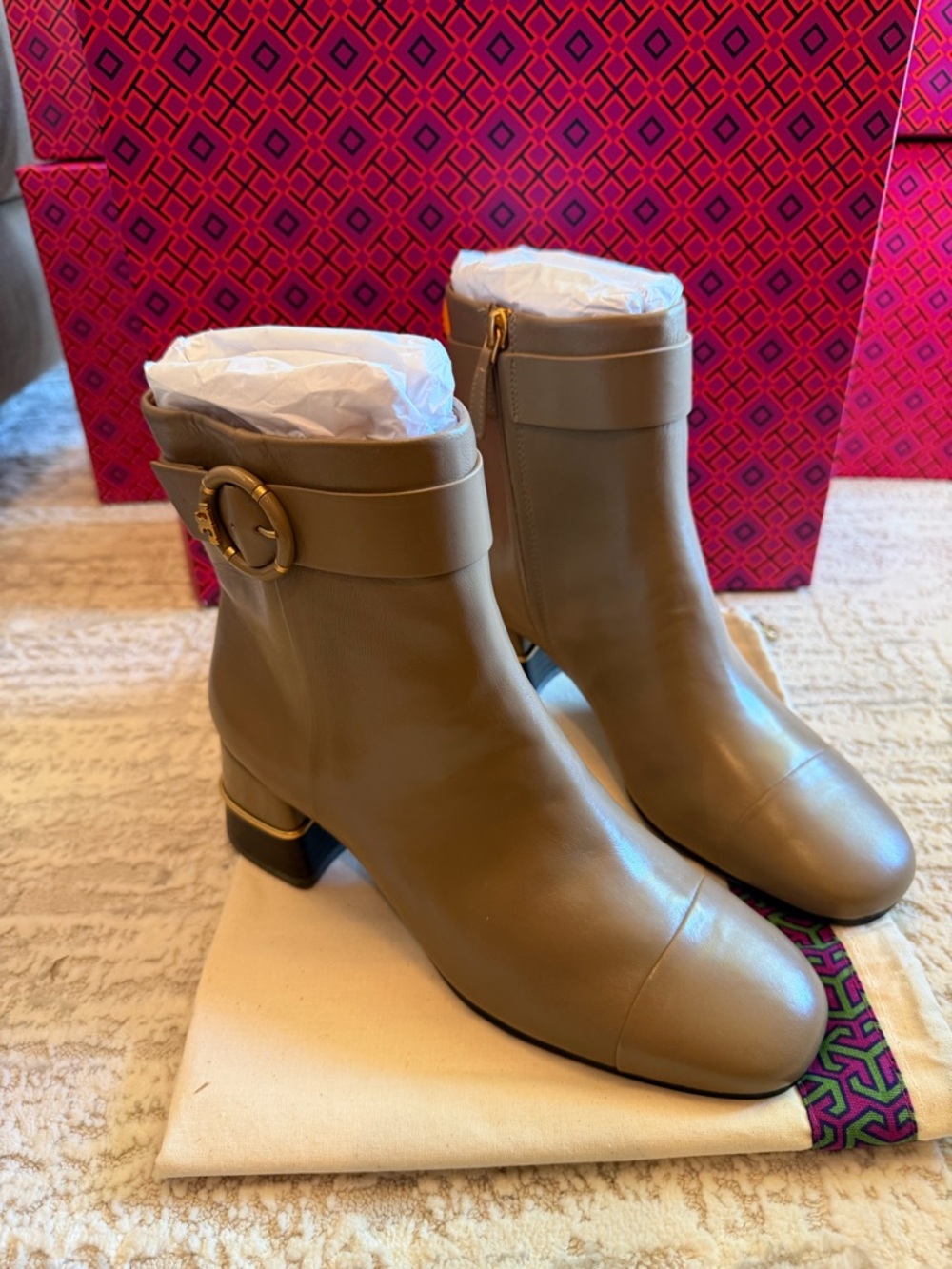 Tory Burch Multi Logo Leather Heel Ankle Boots